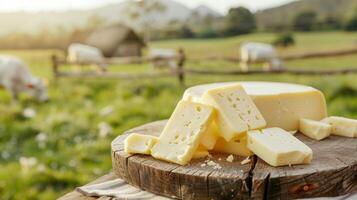 Fresh dairy products on a wooden table, background pasture and farm concept design photo