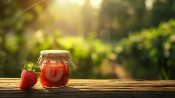 Jam jar with berries on a wooden table, background pasture concept design photo