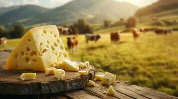 Fresh dairy products on a wooden table, background pasture and farm concept design photo