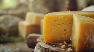 Fresh dairy products on a wooden table, background pasture and farm concept design photo