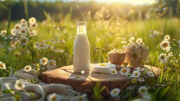 Fresh dairy products on a wooden table, background pasture and farm concept design photo