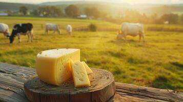 Fresh dairy products on a wooden table, background pasture and farm concept design photo