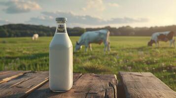 Fresh dairy products on a wooden table, background pasture and farm concept design photo