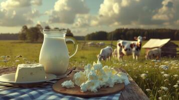 Fresh dairy products on a wooden table, background pasture and farm concept design photo