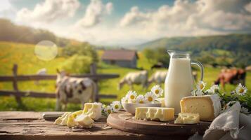 Fresh dairy products on a wooden table, background pasture and farm concept design photo