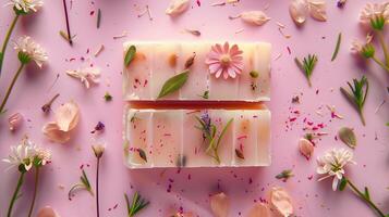 Homemade soap set with herbs, top view, pastel background photo