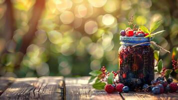 Jam jar with berries on a wooden table, background pasture concept design photo