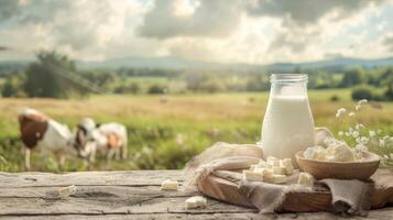 Fresh dairy products on a wooden table, background pasture and farm concept design photo