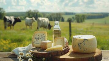 Fresh dairy products on a wooden table, background pasture and farm concept design photo