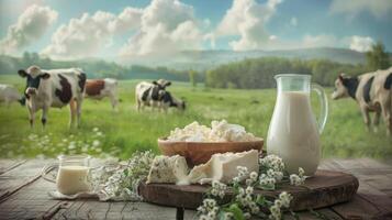 Fresh dairy products on a wooden table, background pasture and farm concept design photo