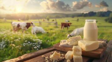 Fresh dairy products on a wooden table, background pasture and farm concept design photo