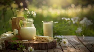 Fresh dairy products on a wooden table, background pasture and farm concept design photo