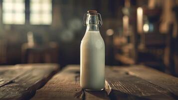 Fresh dairy products on a wooden table, background pasture and farm concept design photo