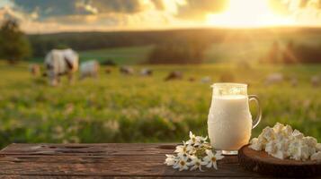 Fresh dairy products on a wooden table, background pasture and farm concept design photo