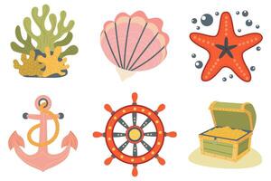 Set of sea objects. Coral reef, chest with gold, starfish, anchor, shell, ship's wheel vector