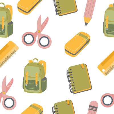 School supplies pattern. pencil, notebook, ruler, eraser, backpack, scissors.