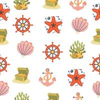 Marine pattern. coral reef, chest with gold, starfish, anchor, shell, ship wheel vector