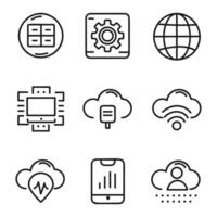 set of technological icons. Clear lines, bright accent colors. Clean white backgrounds. Concepts of 5G, AI, VR, IoT and cloud computing. vector