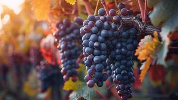 Valley of vineyards, close-ups of bunches of grapes, autumn landscape photo