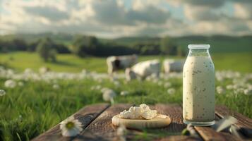 Fresh dairy products on a wooden table, background pasture and farm concept design photo