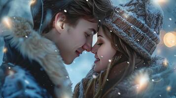 Beautiful young couple in the snow, frontal portrait face, winter landscape background photo