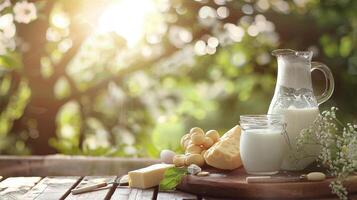 Fresh dairy products on a wooden table, background pasture and farm concept design photo