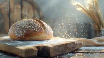 Bread on a wooden table, background oat concept design, autumn landscape photo