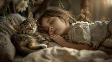 A little girl with her cat, frontal portrait face photo