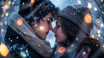 Beautiful young couple in the snow, frontal portrait face, winter landscape background photo