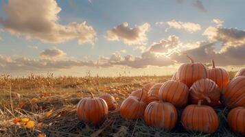 Pumpkins stacked in a field, autumn landscape photo