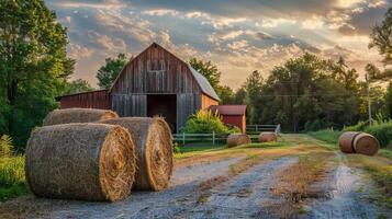Hay bales stacked near a barn, autumn landscape photo