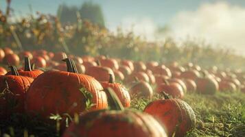 Pumpkins stacked in a field, autumn landscape photo