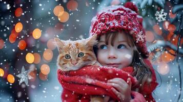 A little girl with her cat, frontal portrait face photo