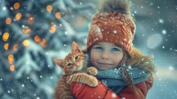 A little girl with her cat, frontal portrait face photo