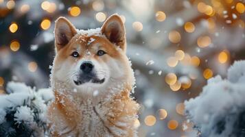 Christmas dog portrait in the snow, winter landscape background photo
