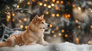 Christmas dog portrait in the snow, winter landscape background photo