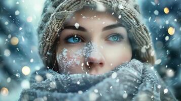 Beautiful woman in the snow, frontal portrait face, winter landscape background photo