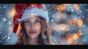 Beautiful woman with Santa's hat in the snow, frontal portrait face, winter landscape background photo
