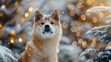 Christmas dog portrait in the snow, winter landscape background photo