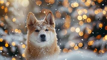 Christmas dog portrait in the snow, winter landscape background photo