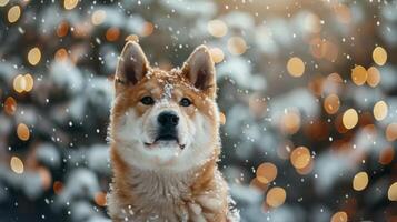 Christmas dog portrait in the snow, winter landscape background photo