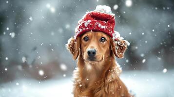 Christmas dog portrait in the snow, winter landscape background photo
