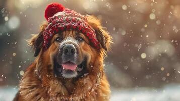 Christmas dog portrait in the snow, winter landscape background photo