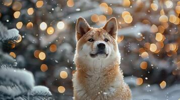 Christmas dog portrait in the snow, winter landscape background photo