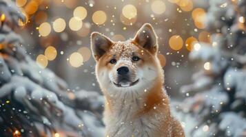 Christmas dog portrait in the snow, winter landscape background photo