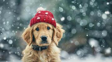 Christmas dog portrait in the snow, winter landscape background photo