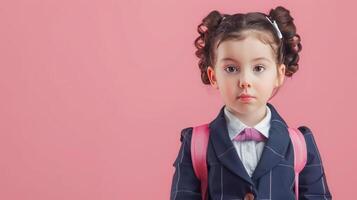 A little girl dressed in school uniform, blank pastel background photo