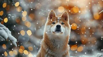 Christmas dog portrait in the snow, winter landscape background photo