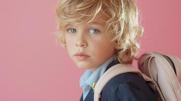 A little boy dressed in school uniform, blank pastel background photo