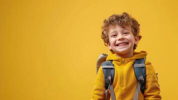 A boy with a schoolbag, blank pastel background photo